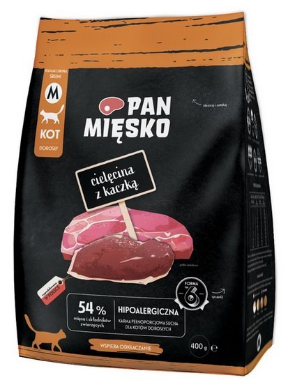 Pan Mięsko Pan Mięsko Karma sucha dla kota - cielęcina i kaczka chrupki M 400g