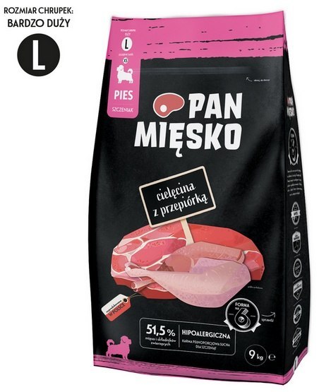 Pan Mięsko Pan Mięsko Karma sucha dla psa - dla szczeniąt cielęcina i przepiórka chrupki L 9kg