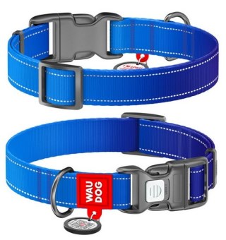 Collar Collar WauDog Nylon Mono Obroża nylonowa odblaskowa z QR-paszportem, plastikowy fastex, L 25mm/33-49cm niebieska