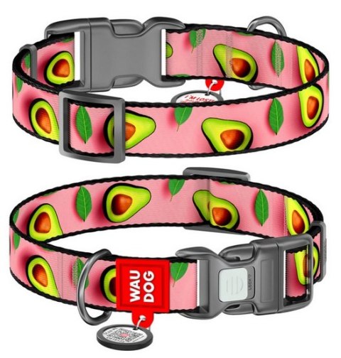 Collar Collar WauDog Nylon Obroża nylonowa z QR-paszportem, plastikowy fastex, wzór AWOKADO NA RÓŻU, M 20mm/28-40cm