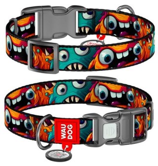 Collar Collar WauDog Nylon Obroża nylonowa z QR-paszportem, plastikowy fastex, wzór ZĘBATE POTWORY, L 25mm/33-49cm