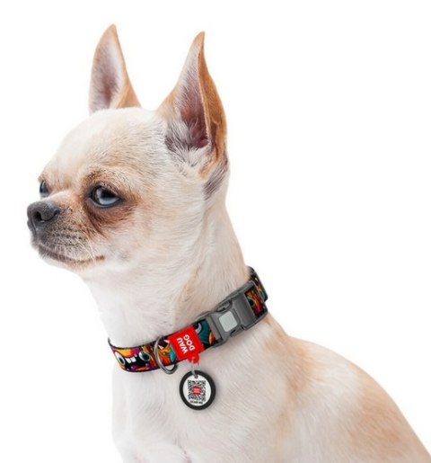 Collar Collar WauDog Nylon Obroża nylonowa z QR-paszportem, plastikowy fastex, wzór ZĘBATE POTWORY, L 25mm/33-49cm