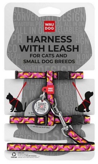 Collar Collar WauDog Nylon Szelki ze smyczą nylonowe anatomiczne w kształcie litery H, z QR-paszportem, plastikowy fastex, wzór BANANY 
