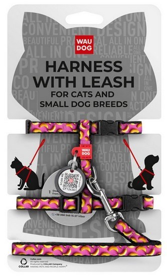 Collar Collar WauDog Nylon Szelki ze smyczą nylonowe anatomiczne w kształcie litery H, z QR-paszportem, plastikowy fastex, wzór BANANY 
