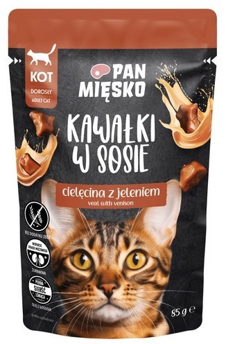 Pan Mięsko Pan Mięsko Karma mokra dla kota - cielęcina i jeleń kawałki w sosie saszetka 85g